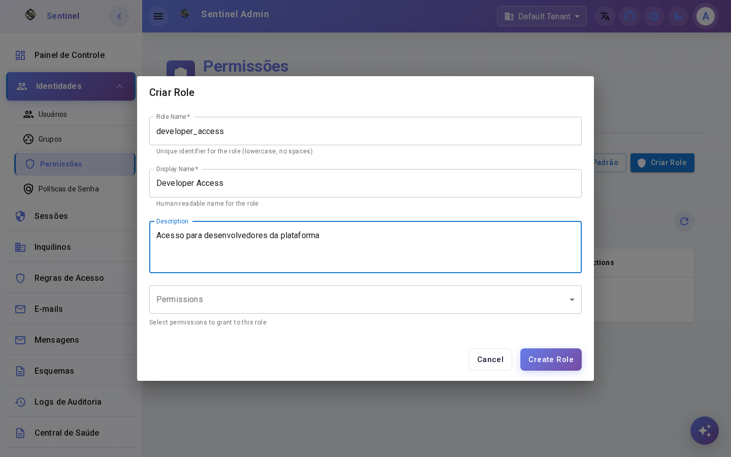 Create Role Dialog Filled